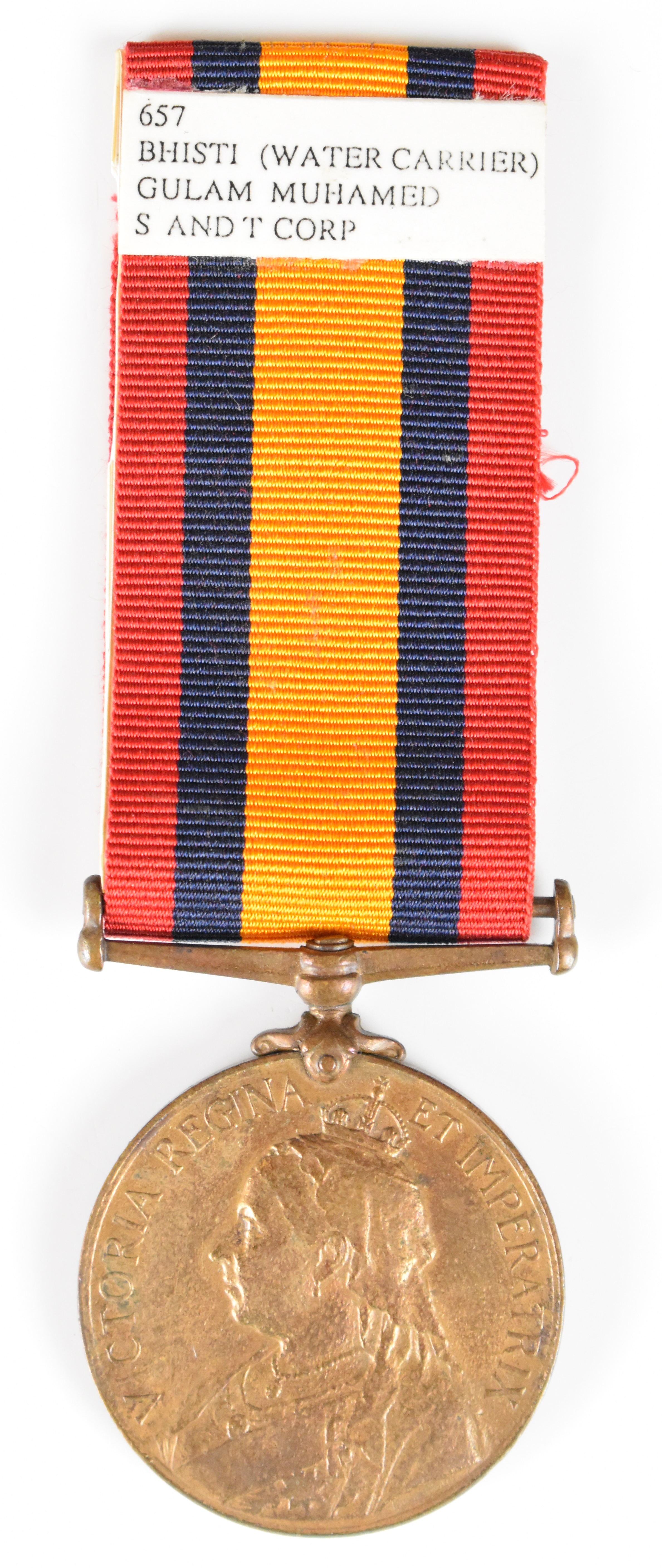 Queen's South Africa Medal in bronze, named to 657 Bhisti (Water Carrier) Gulam Muhamed, S & T Corps