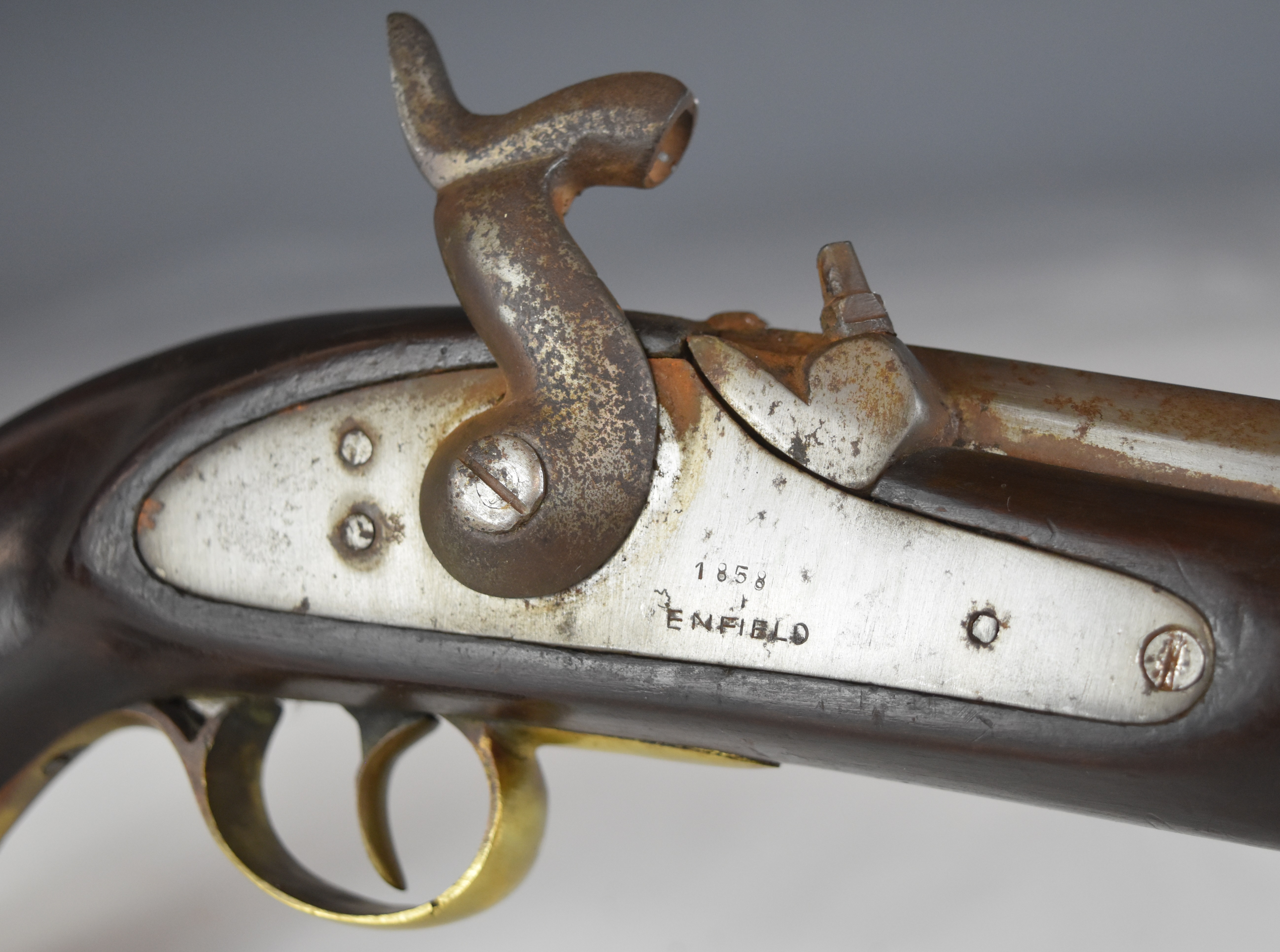 Enfield percussion hammer action sea-service pistol with lock stamped '1858 Enfield' brass trigger - Image 10 of 12