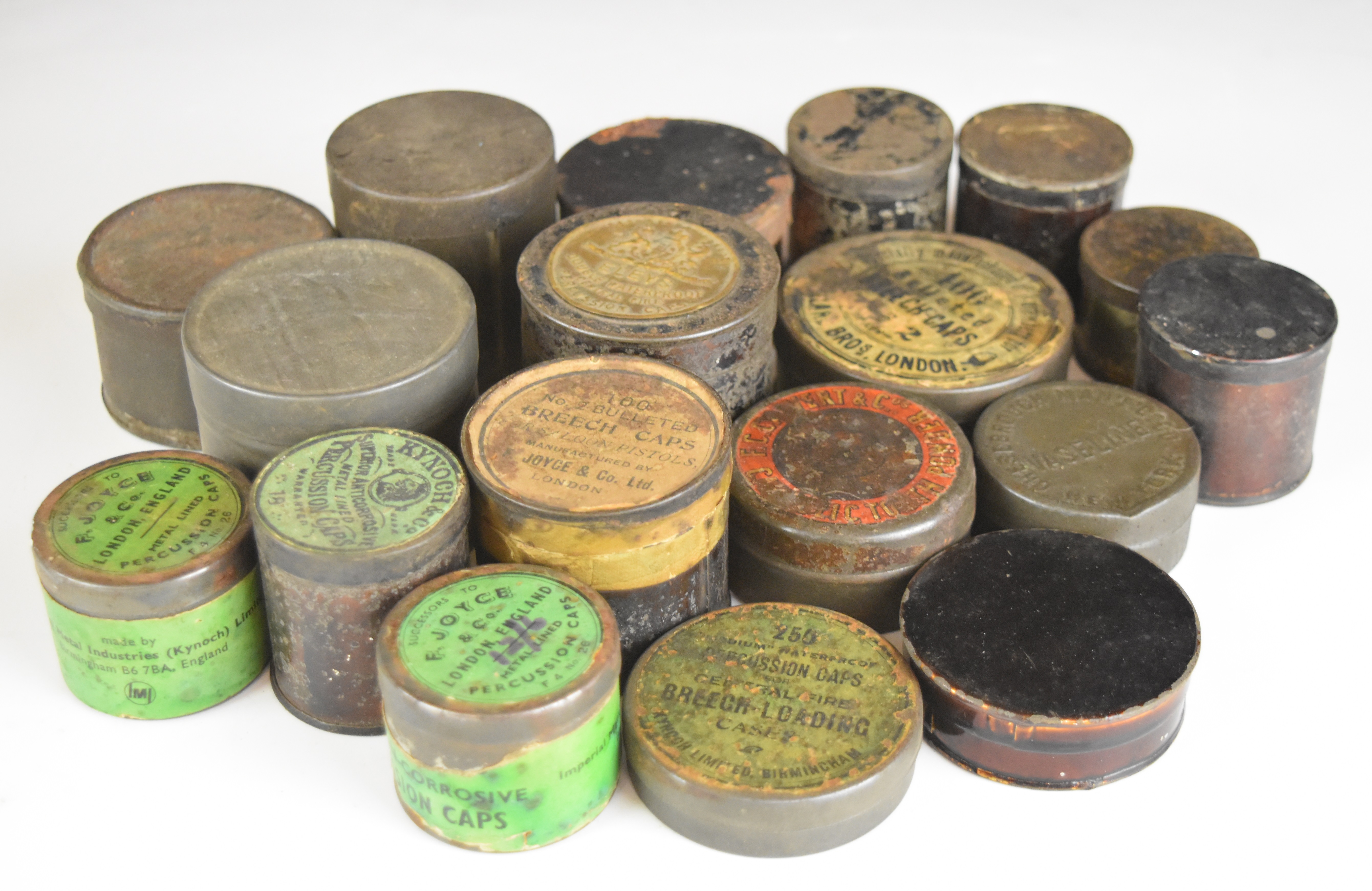 Eighteen various rifle or pistol percussion cap and similar tins come with original labels including