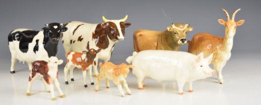 Beswick cattle, goat and pig figures including Hereford, Ayrshire, Jersey and Friesian, tallest