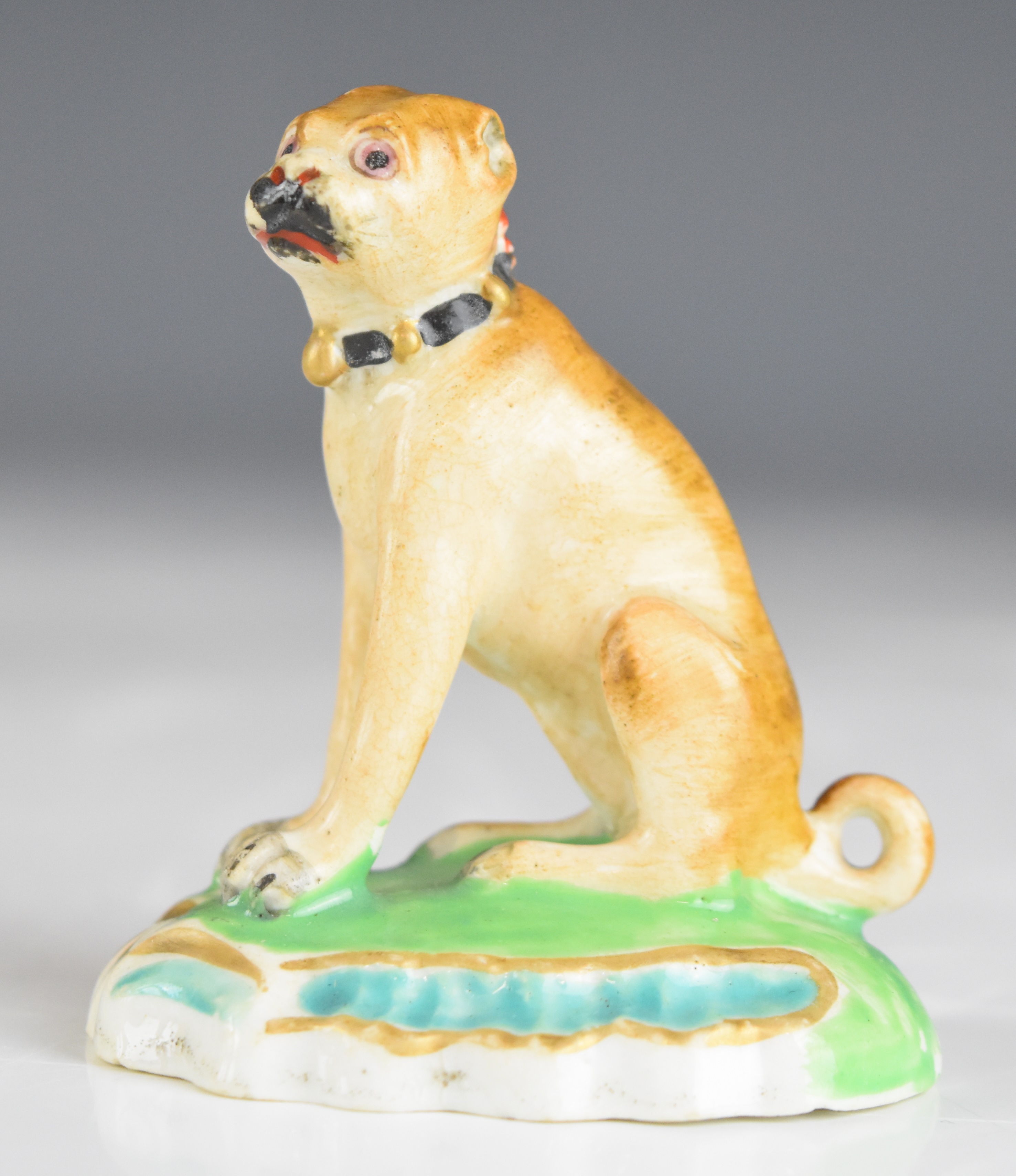 Collection of 19thC miniature porcelain / pottery pug figures including Crown Derby, tan example - Image 6 of 14