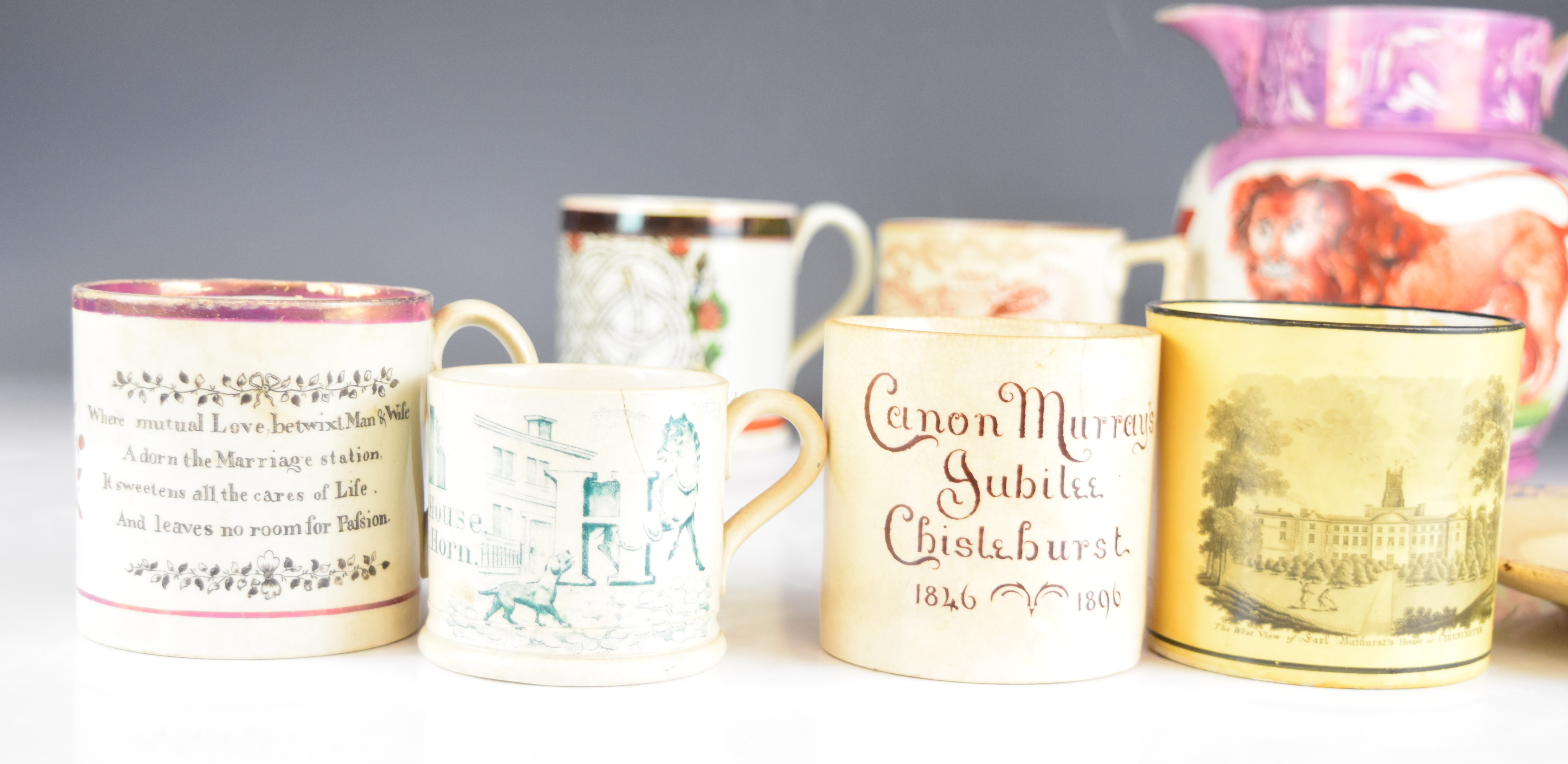 Collection of 19thC transfer printed cups, mugs and tankards, many featuring dogs, nursery ware, - Image 5 of 14