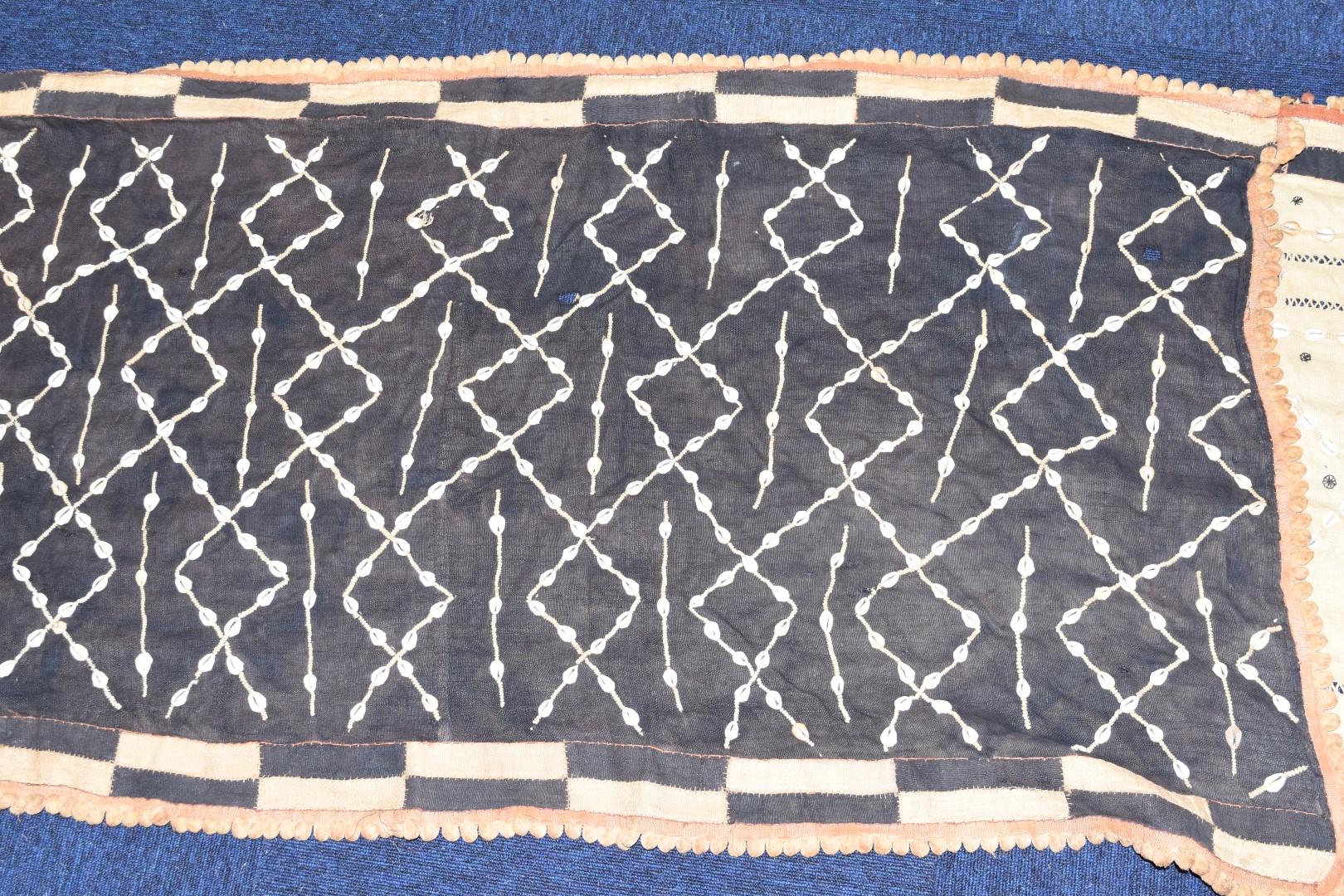 Four probably late 19th / 20thC African tribal embroidered tapestries or wall hangings with - Image 8 of 10