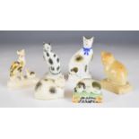 19thC miniature Staffordshire and salt glazed stoneware cat and dog figures including a cat with