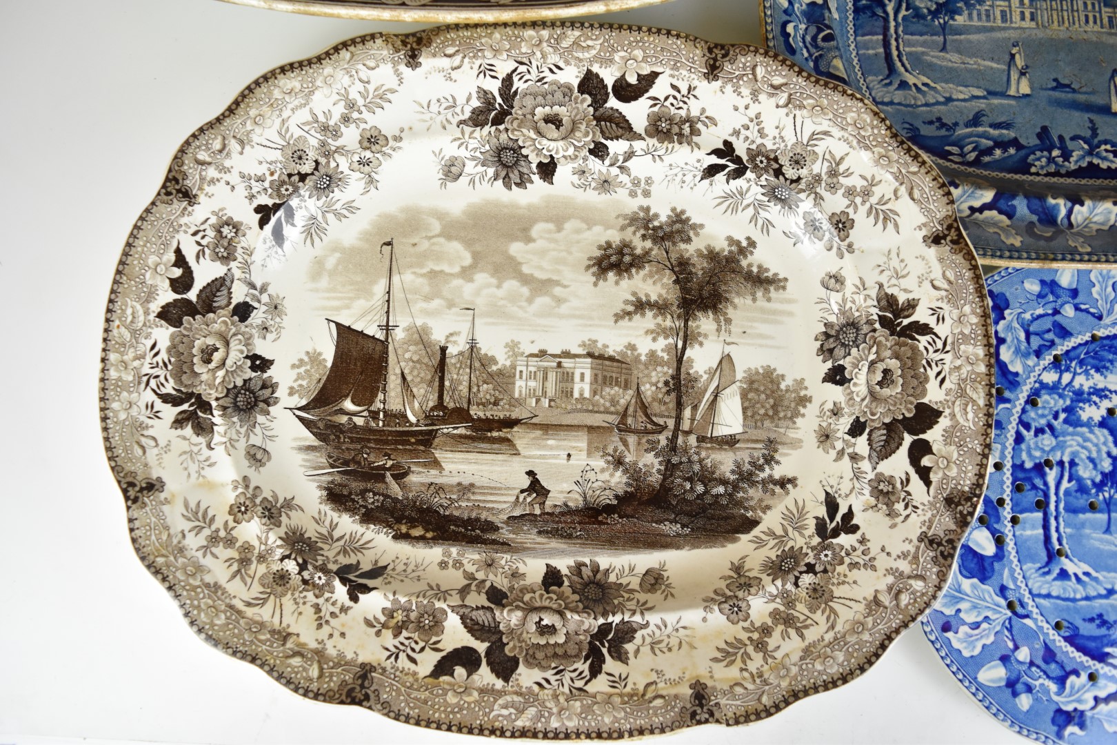 19thC transfer printed sepia meat platter the well decorated with Trentham Hall scene and a - Image 10 of 16