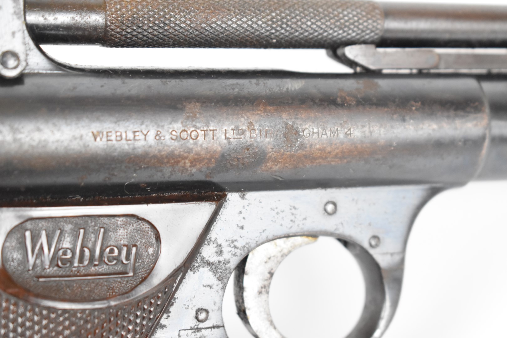 Webley Senior .177 air pistol with named and chequered Bakelite grips and adjustable sights, - Image 9 of 12