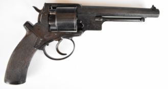 Adam's Patent 50 bore six-shot double-action revolver with chequered grip, line engraved cylinder,