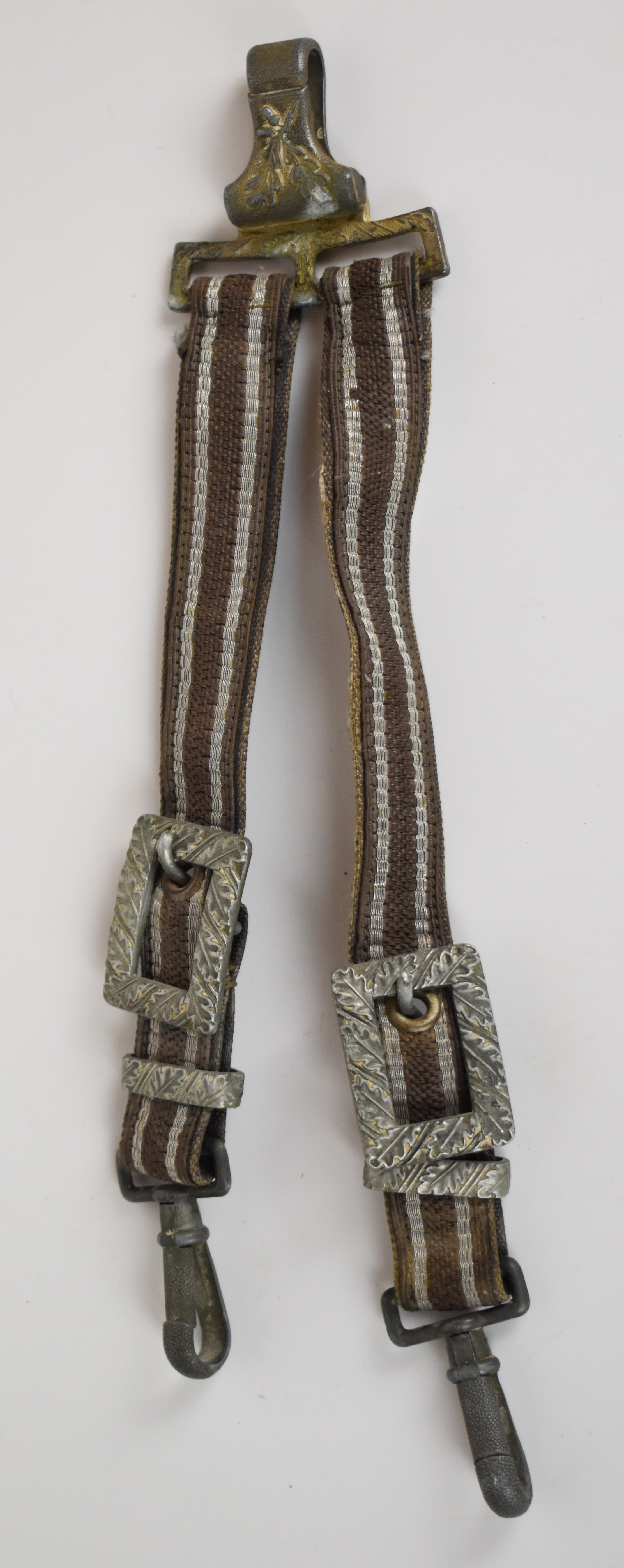 German Luftwaffe dagger straps with oak leaf decoration to buckles and top clip, also stamped A