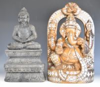 Two Indian carved wooden figures of Ganesh and young Buddha, tallest 46cm