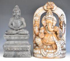Two Indian carved wooden figures of Ganesh and young Buddha, tallest 46cm