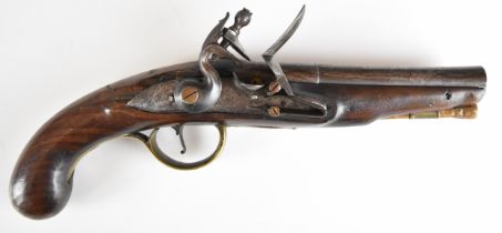 Unnamed flintlock holster pistol with brass trigger guard and mounts, wooden ram-rod and 6 inch