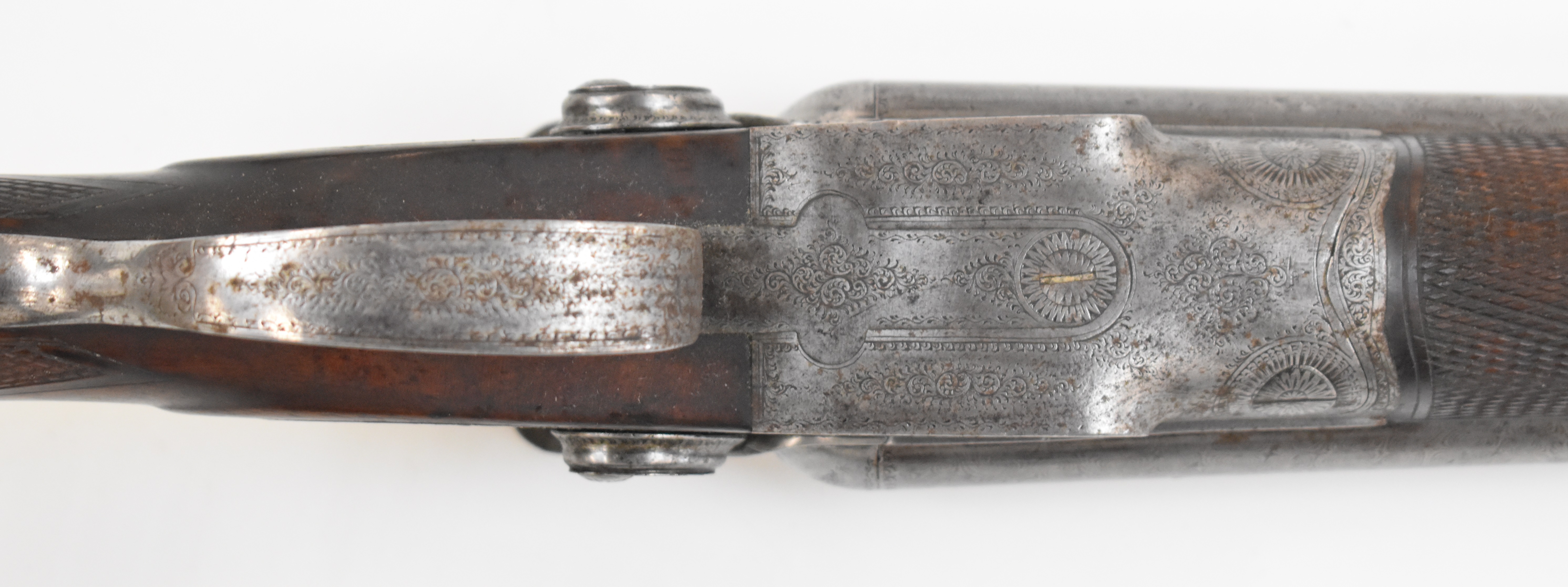 George Edward Lewis 12 bore side by side hammer action shotgun with named and engraved locks, - Image 7 of 13