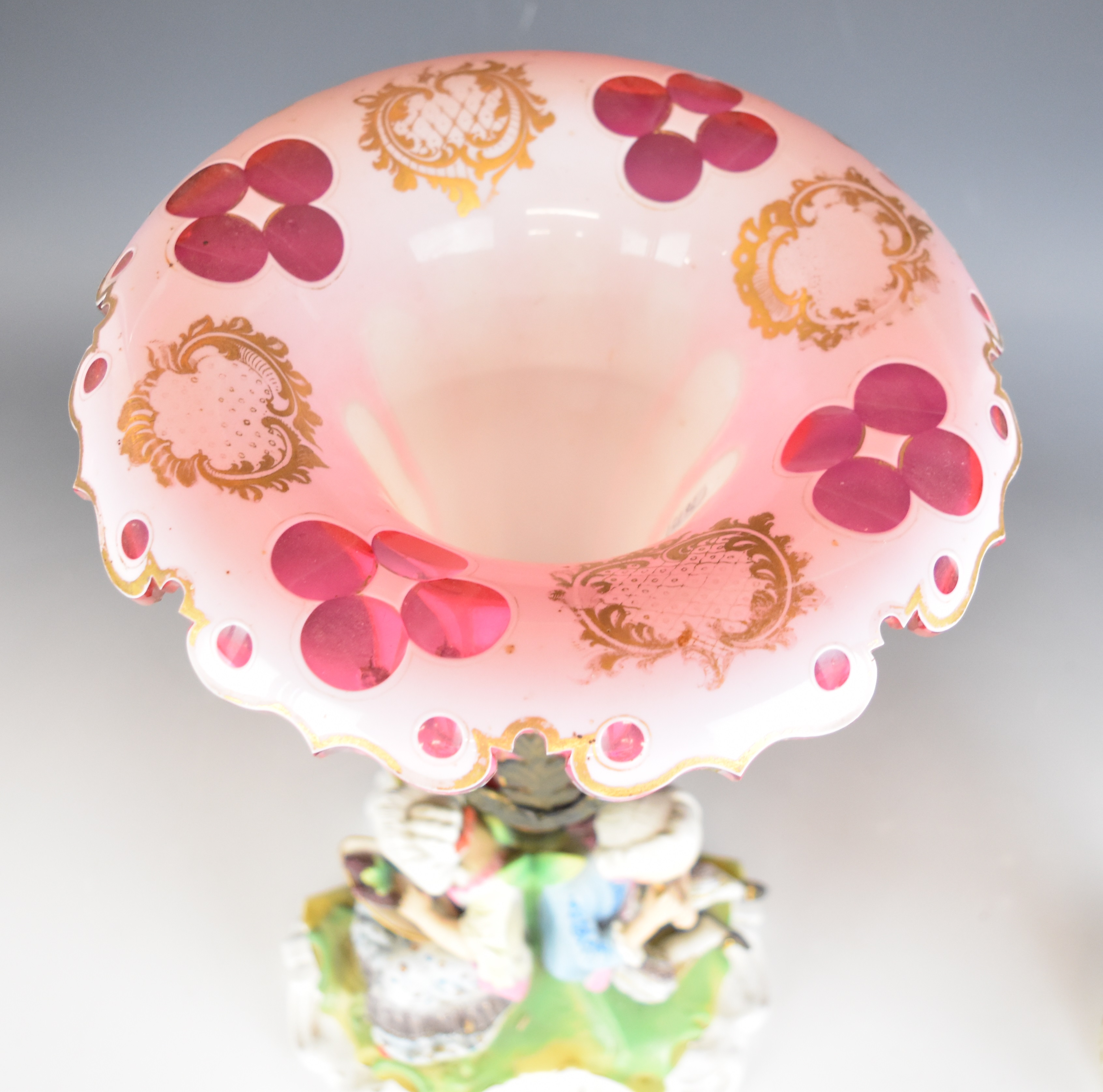 19thC German figural porcelain centrepiece with overlaid, cut and gilded flared glass insert, - Image 10 of 20