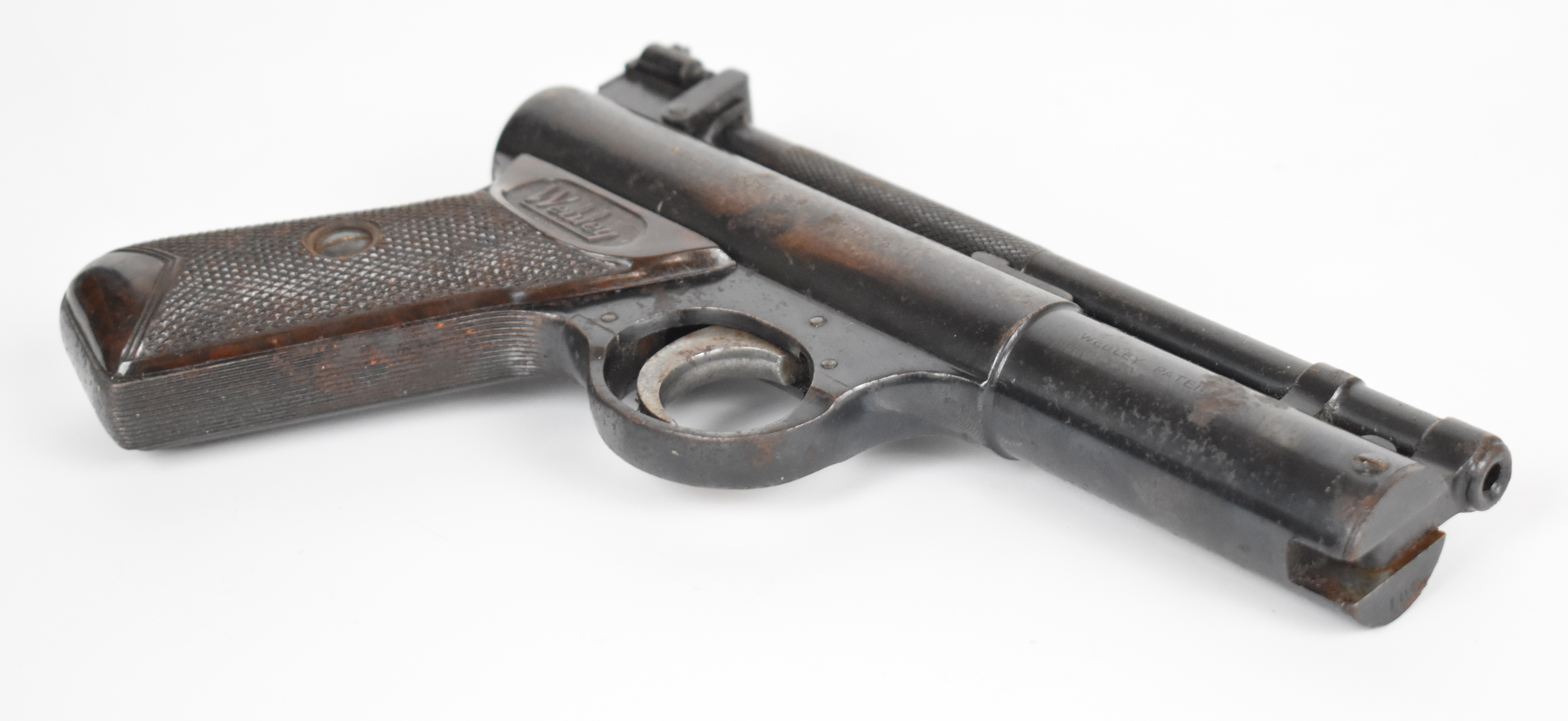 Webley Senior .177 air pistol with named and chequered Bakelite grips and adjustable sights, - Image 4 of 12