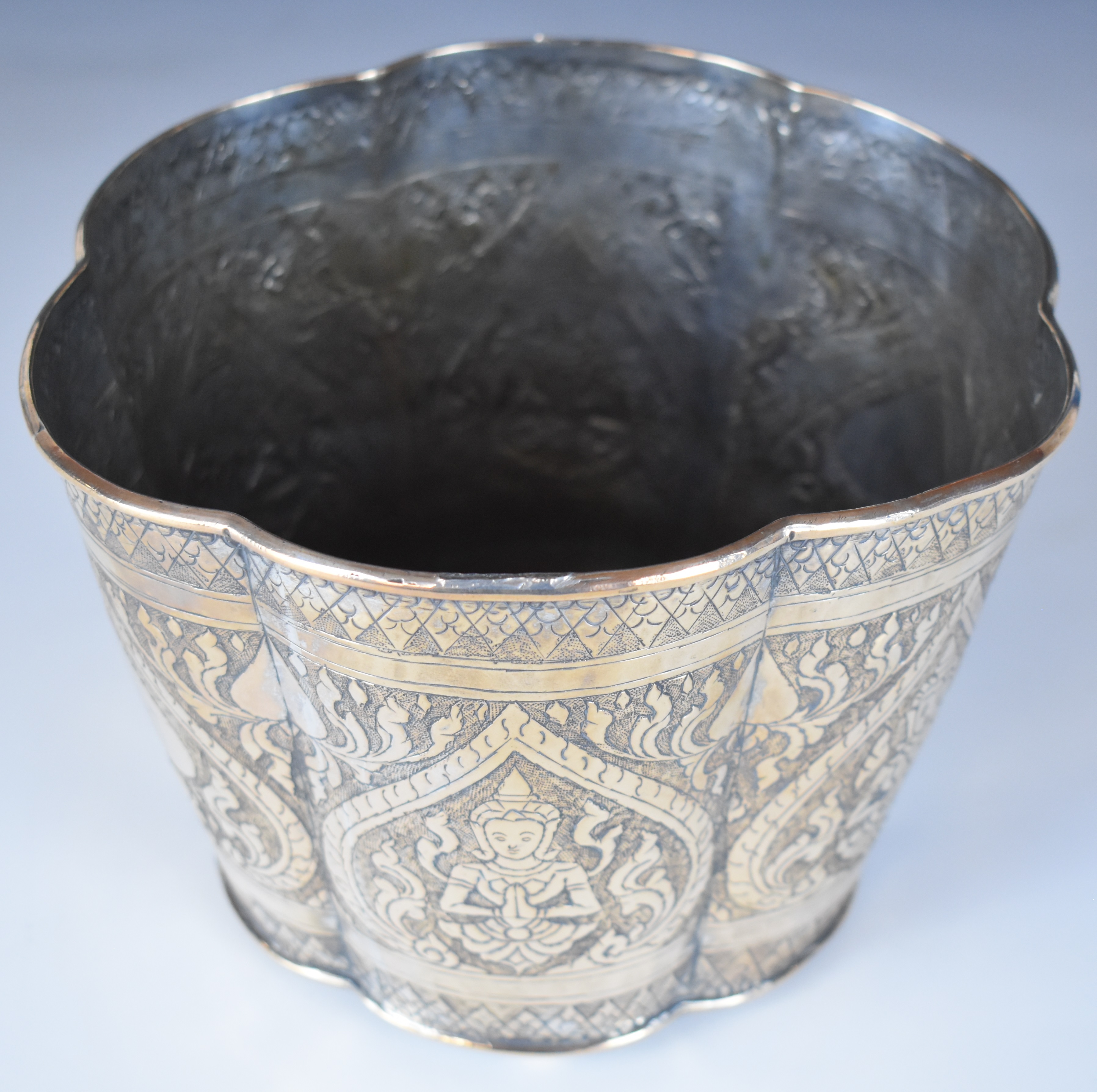 19thC Chinese, Burmese or similar Eastern silver wine cooler raised on three ball feet decorated - Image 2 of 4