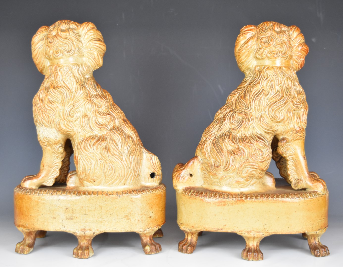 Pair of 19thC S and H Briddon, Brampton brown salt glazed stoneware spaniels / dogs with padlock - Image 7 of 8