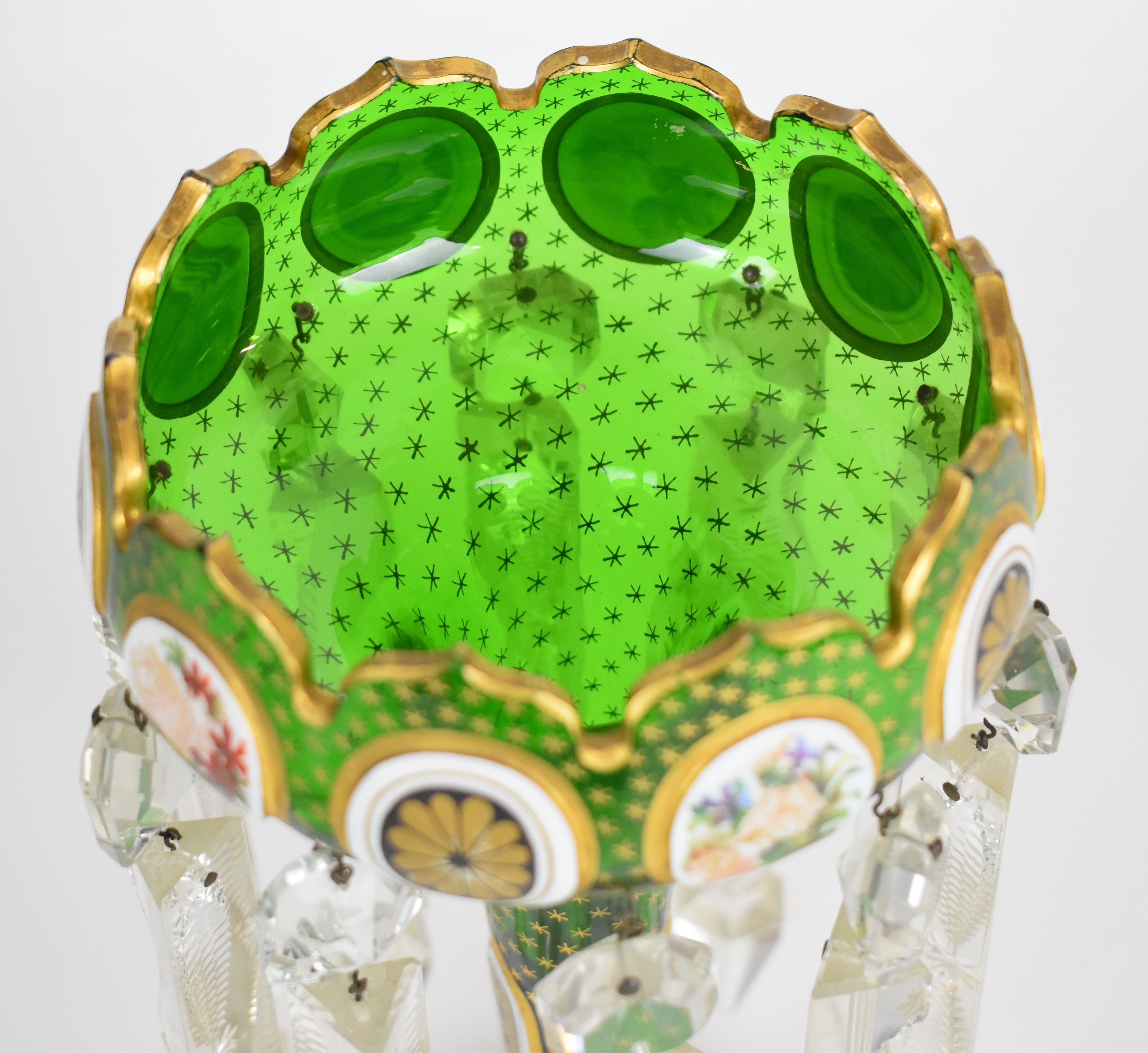 Victorian overlaid glass lustre vase with floral and gilt decoration over a green ground and clear - Image 3 of 6