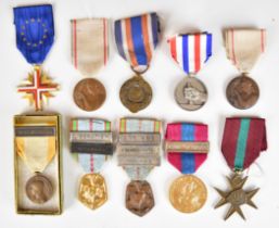 Ten French WW2 era medals including Gratitude Medal, Alsace Medal, Railway Medal, Red Cross Medal