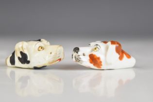 Two 19thC porcelain dog Worcester / Derby whistles, longest 5cm