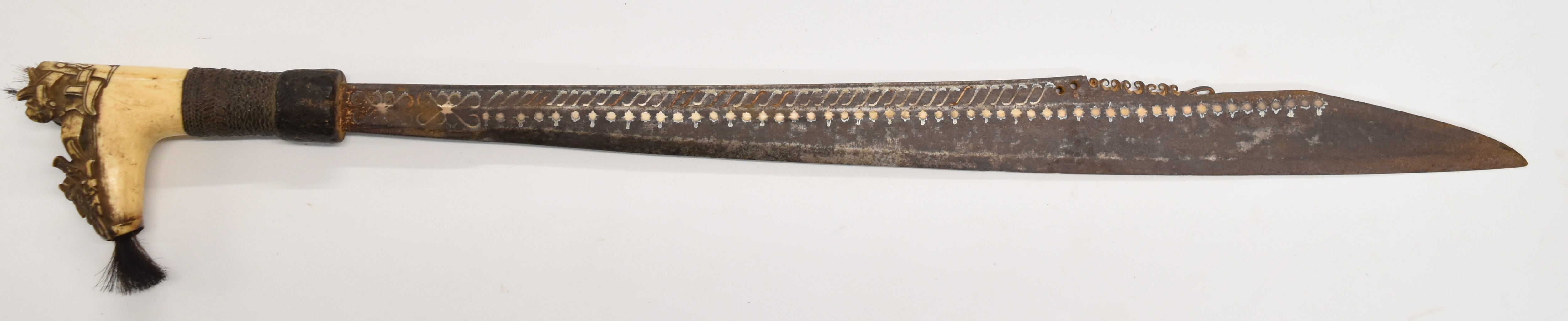 Borneo Dayak headhunter's sword with heavily carved bone hilt, hair plumes, coin inset grip, - Image 2 of 9