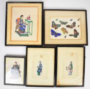 Five Chinese watercolours on silk, four featuring figures one possibly an Emperor or high ranking