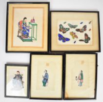 Five Chinese watercolours on silk, four featuring figures one possibly an Emperor or high ranking