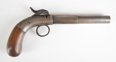 American or similar percussion hammer action bootleg pistol with engraved lock, ring trigger, wooden