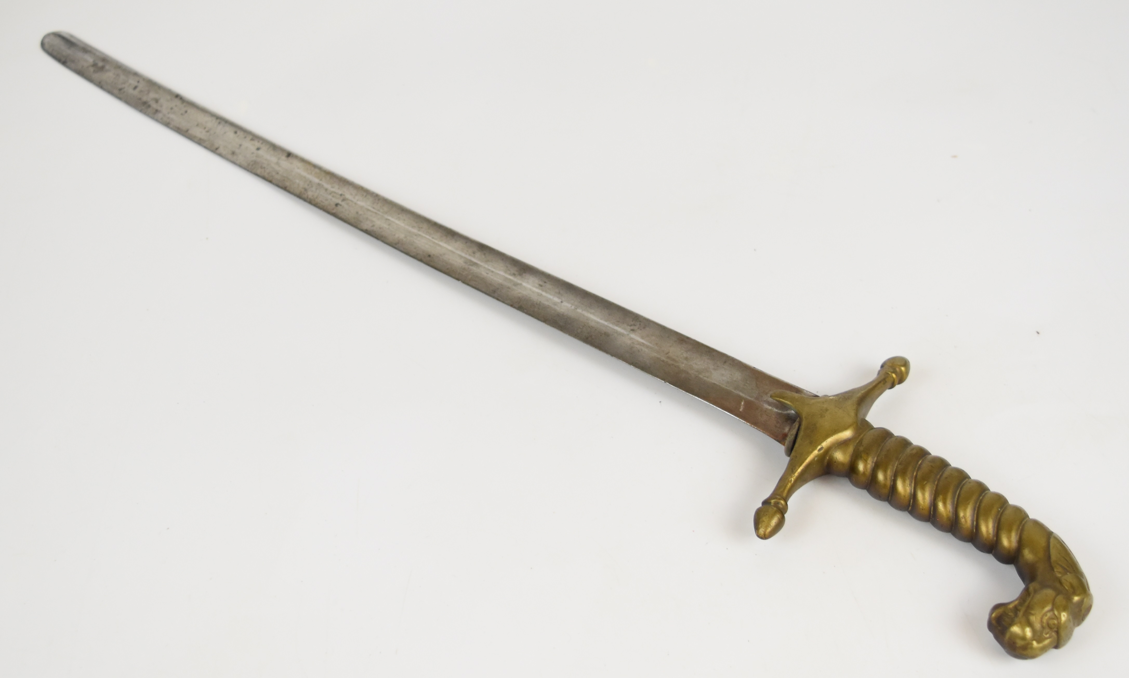 Naval type dirk with lion head pommel, brass grip and crosspiece, 50cm fullered single edged blade - Image 3 of 8