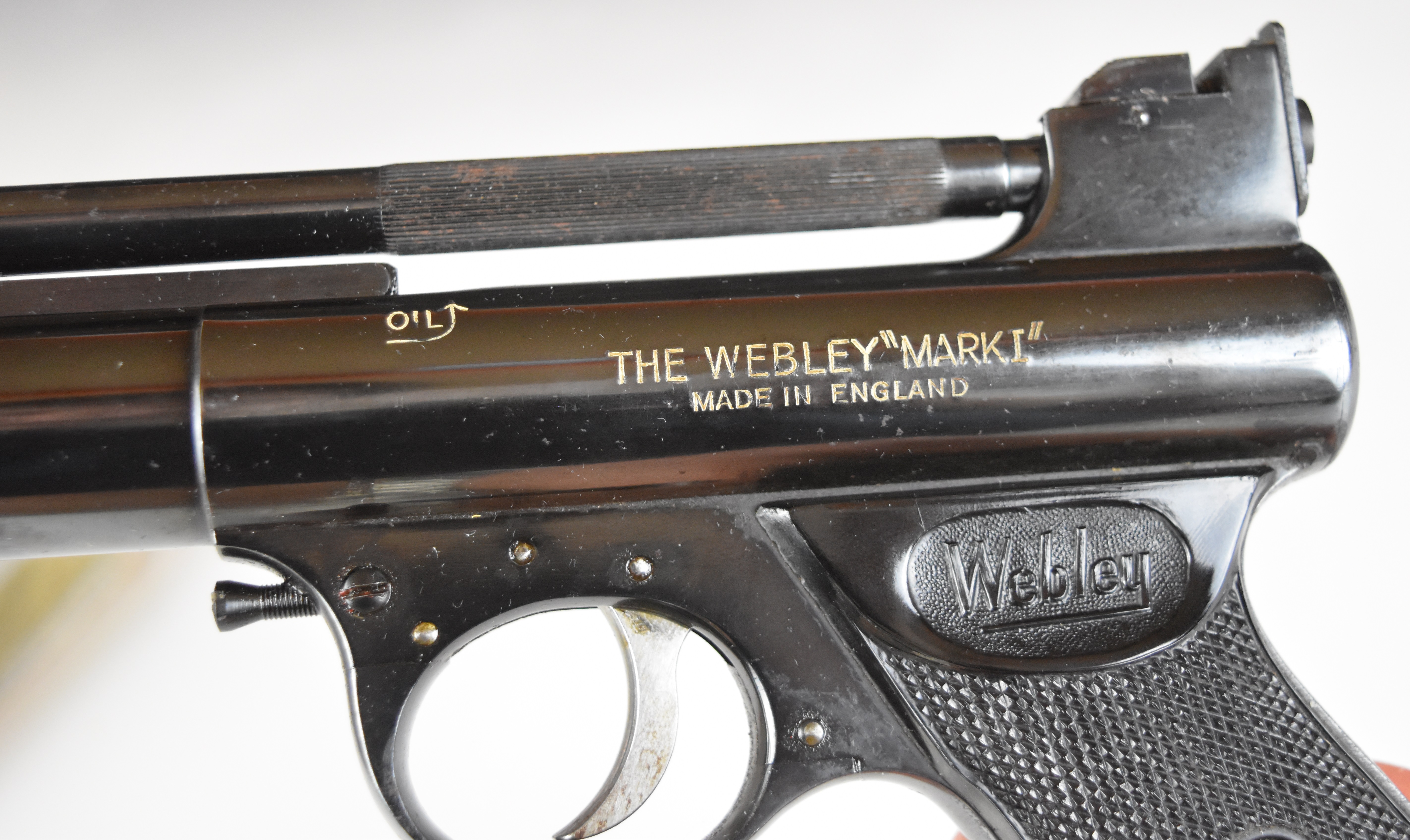 Webley Mark 1 .177 air pistol with named and chequered grips and adjustable sights and trigger, - Image 10 of 15