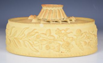 19thC caneware game pie dish and cover with decoration in relief and ornate flower petal finial, L26