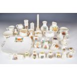 Goss, Shelley and Carlton crested ware including Southend dice, Chepstow clock, Gloucester jug,