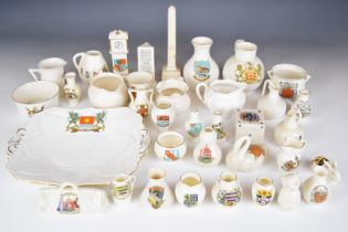 Goss, Shelley and Carlton crested ware including Southend dice, Chepstow clock, Gloucester jug,