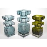 Three Tamara Aladin for Riihimaen Lasi Riihimaki Kehra glass vases in sage green and indigo blue,