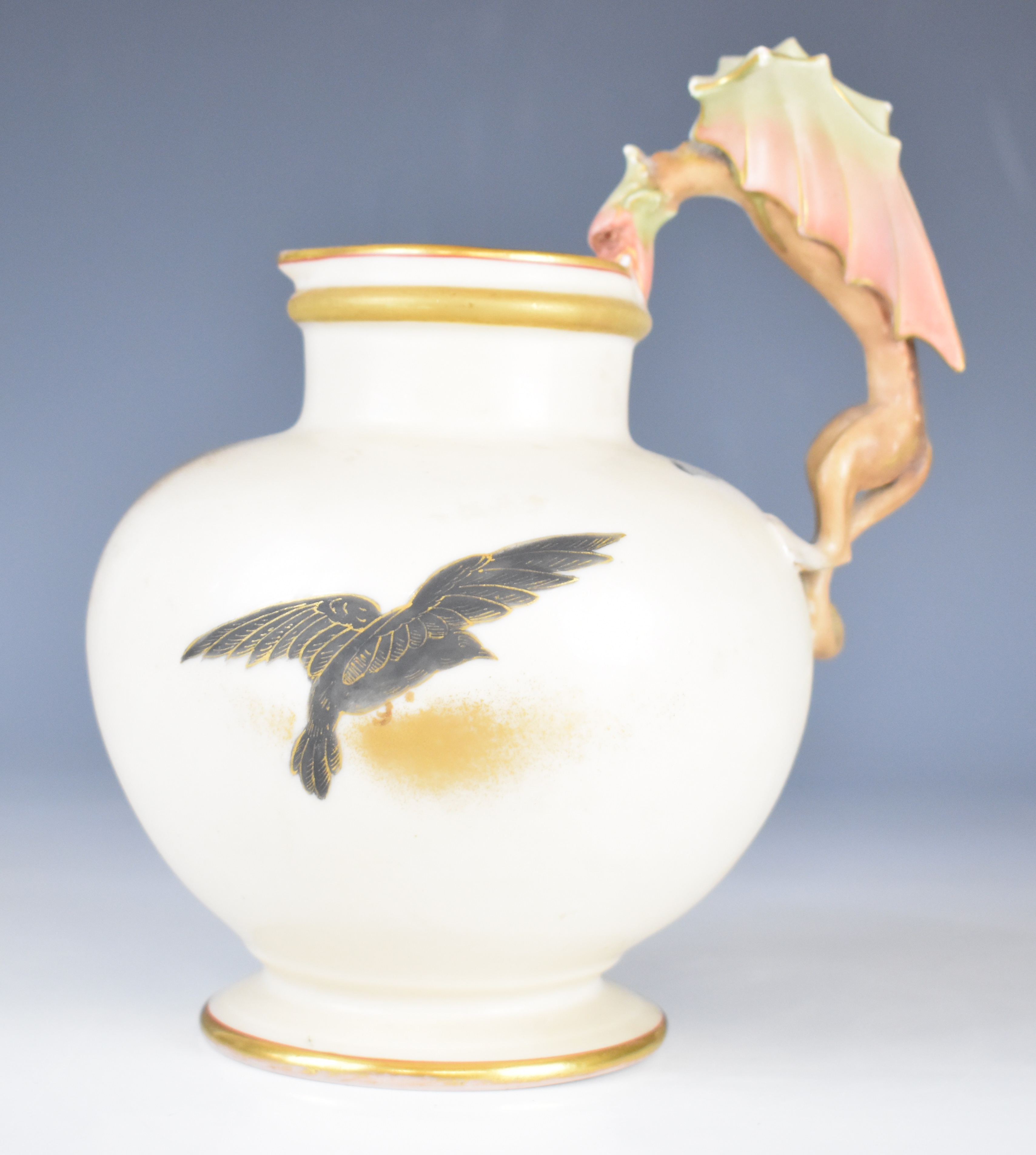Royal Worcester style pedestal jug with jay decoration and dragon handle, height 18.5cm - Image 9 of 12