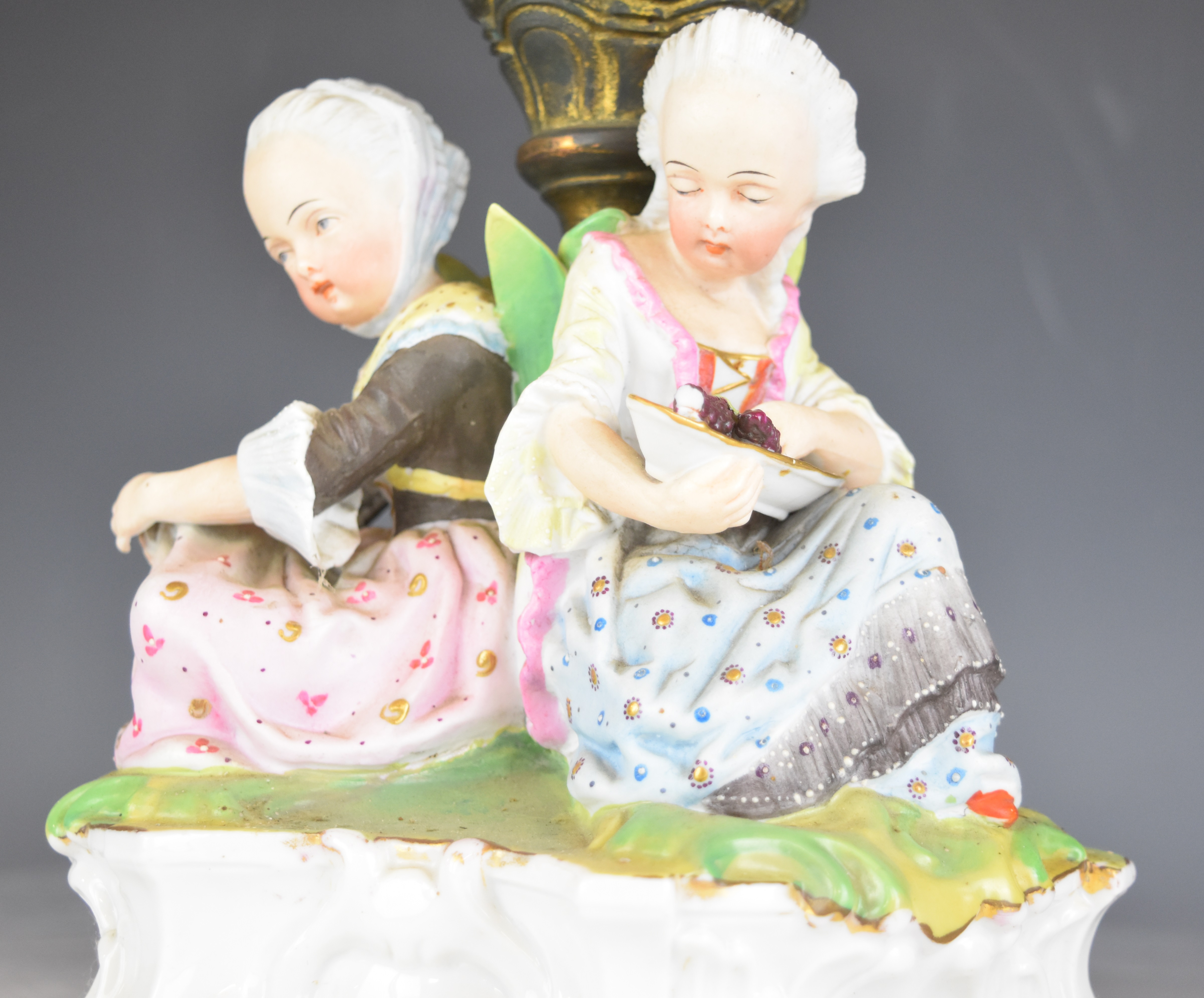 19thC German figural porcelain centrepiece with overlaid, cut and gilded flared glass insert, - Image 8 of 20