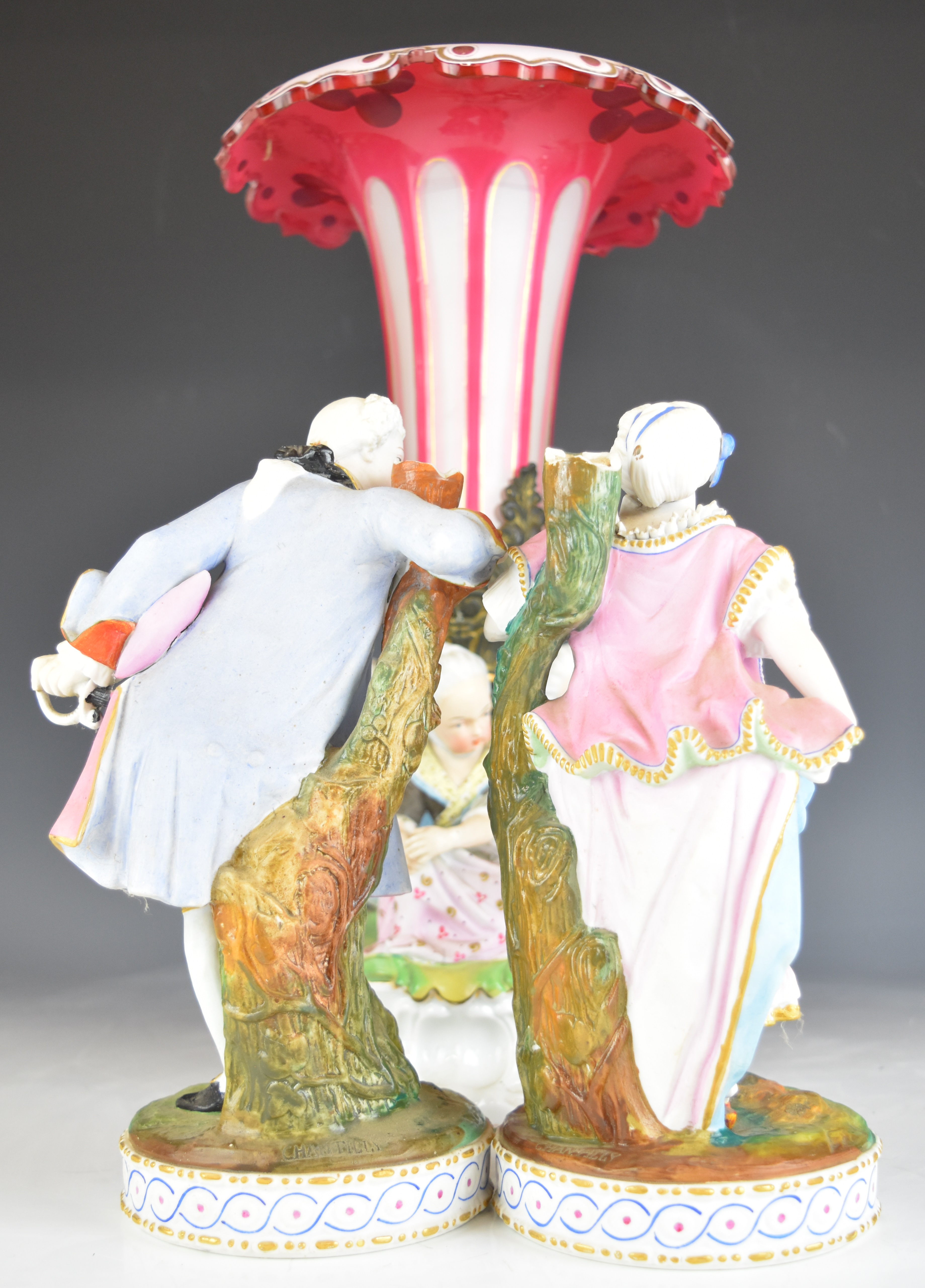 19thC German figural porcelain centrepiece with overlaid, cut and gilded flared glass insert, - Image 6 of 20
