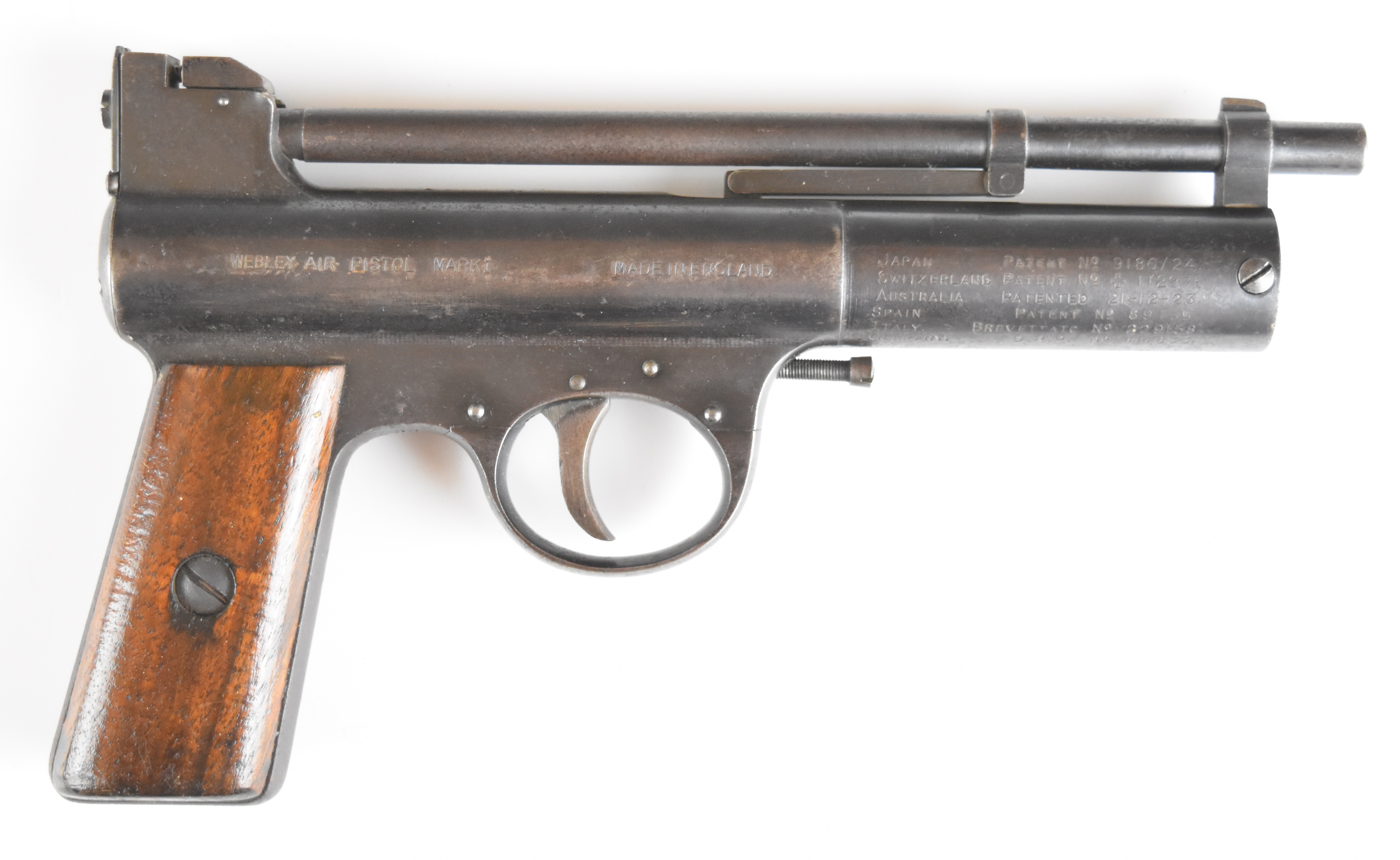 Webley Mark I .177 air pistol with logo inset to the wooden grips and adjustable sights, serial