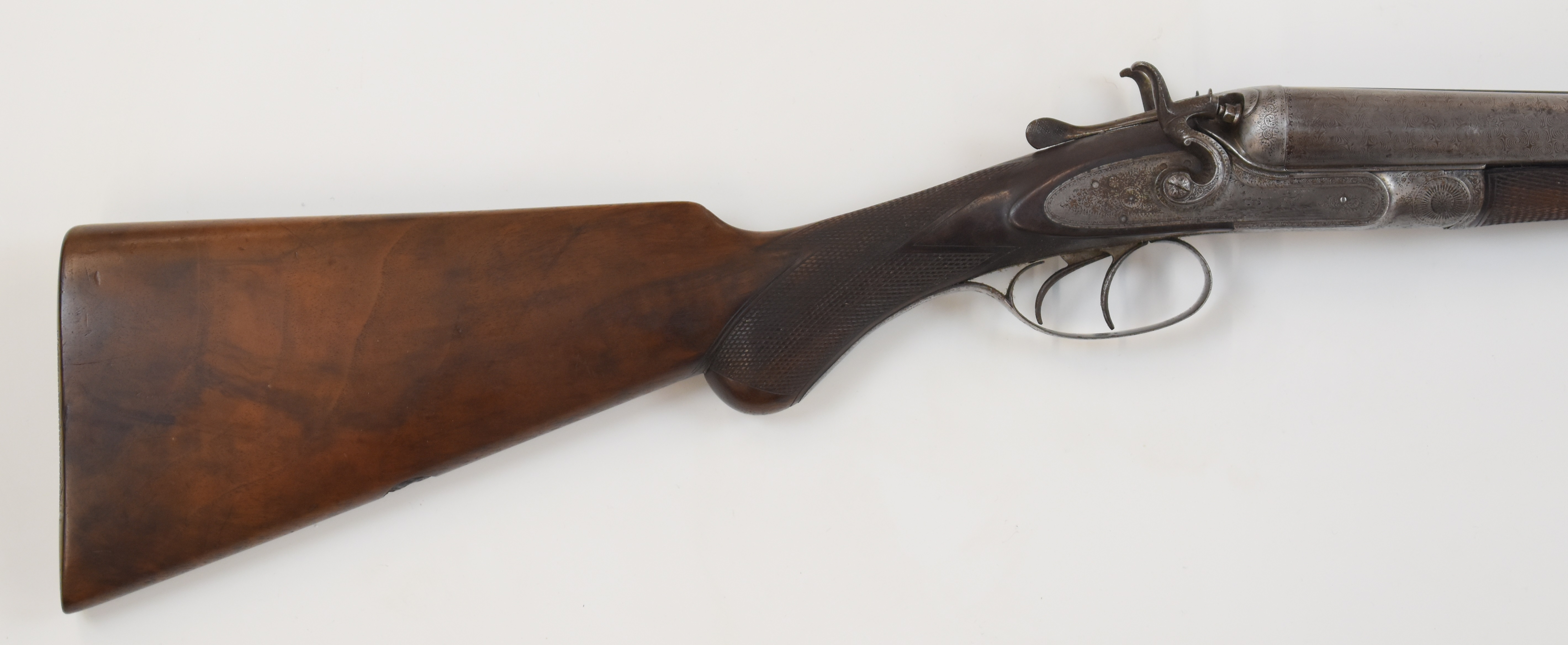 George Edward Lewis 12 bore side by side hammer action shotgun with named and engraved locks, - Image 3 of 13