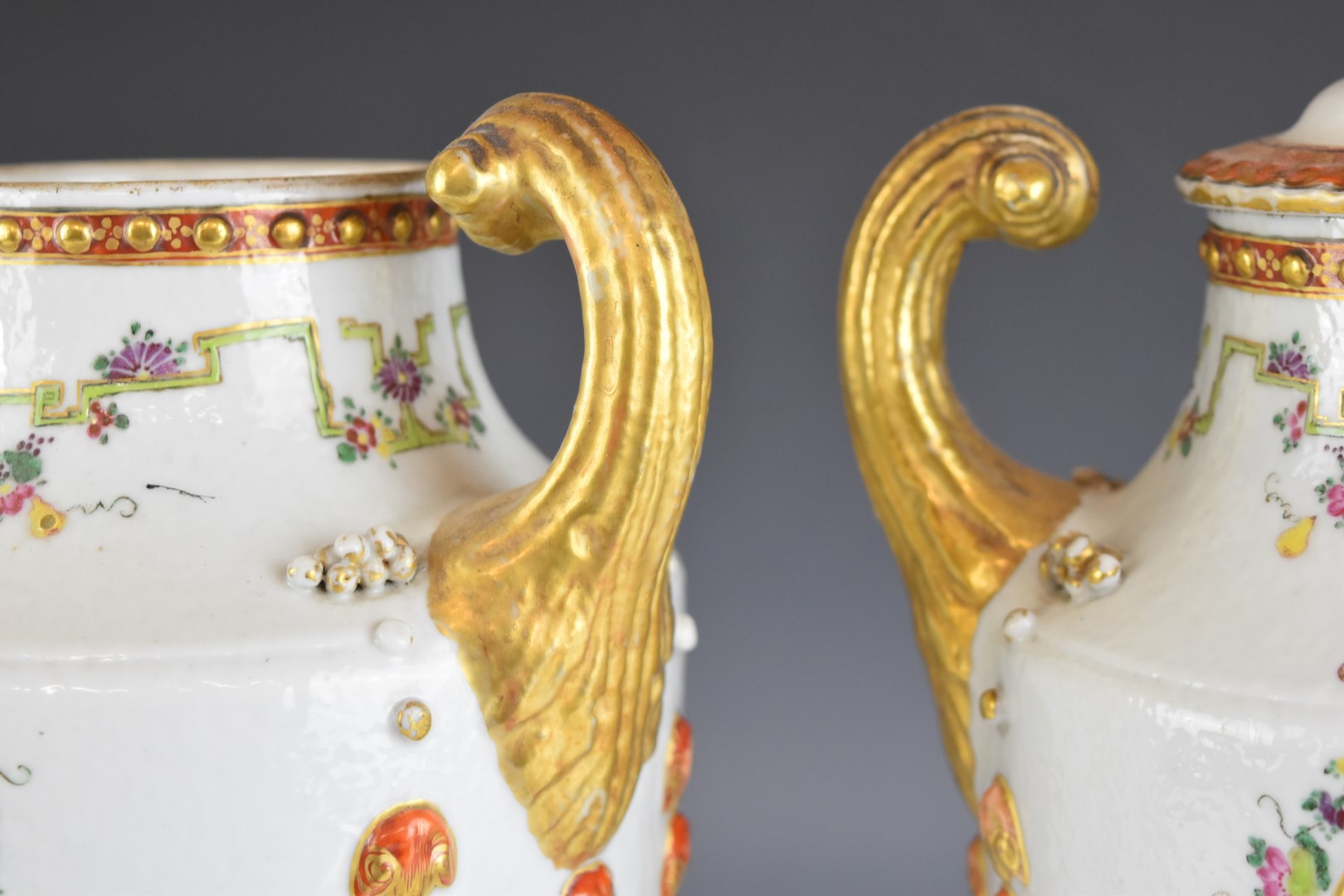 A pair of Chinese covered twin handled pedestal urns with relief moulded swags and landscape - Image 11 of 12