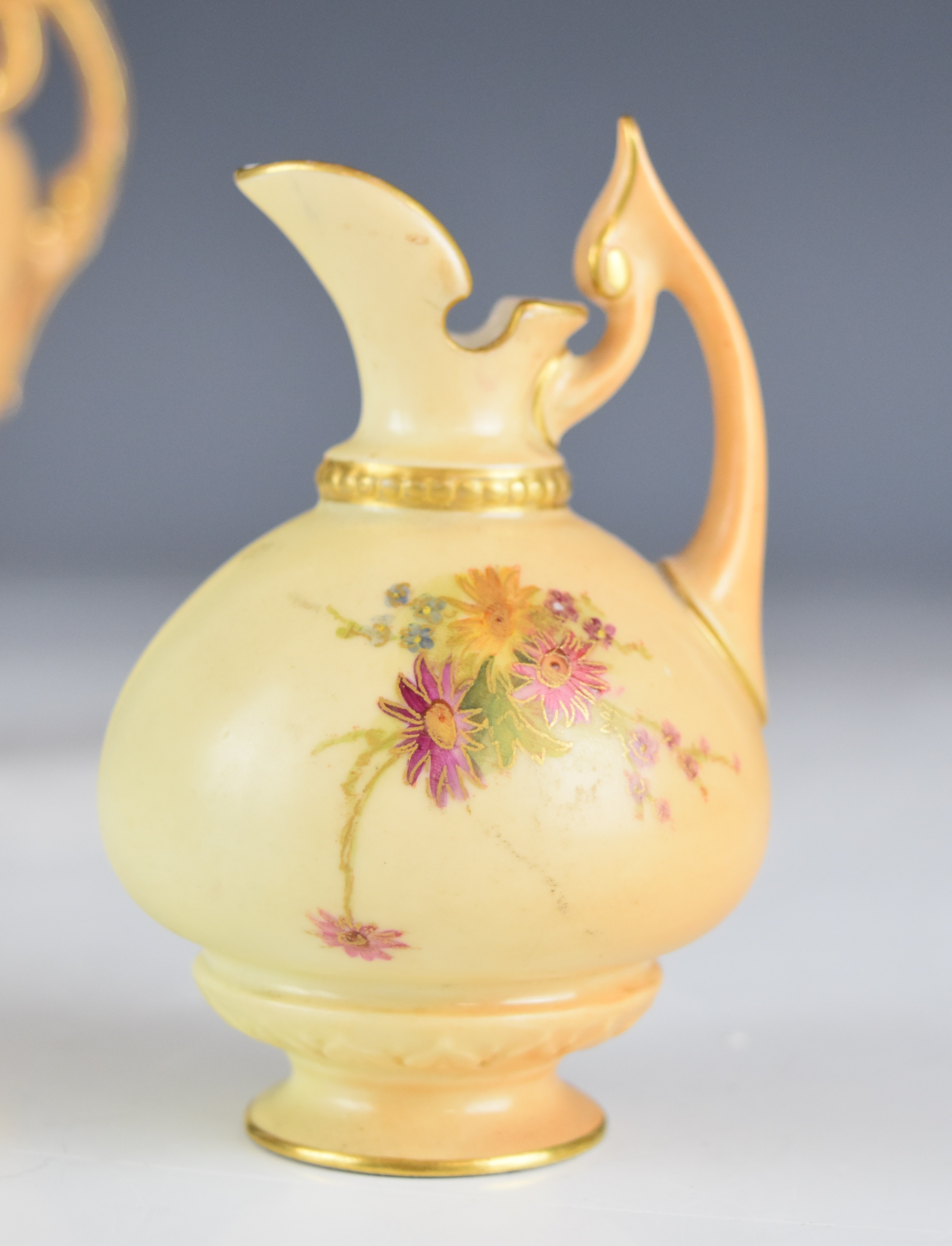 Four Royal Worcester blush ivory footed vases and ewers including one with decoration of roses and - Image 6 of 24
