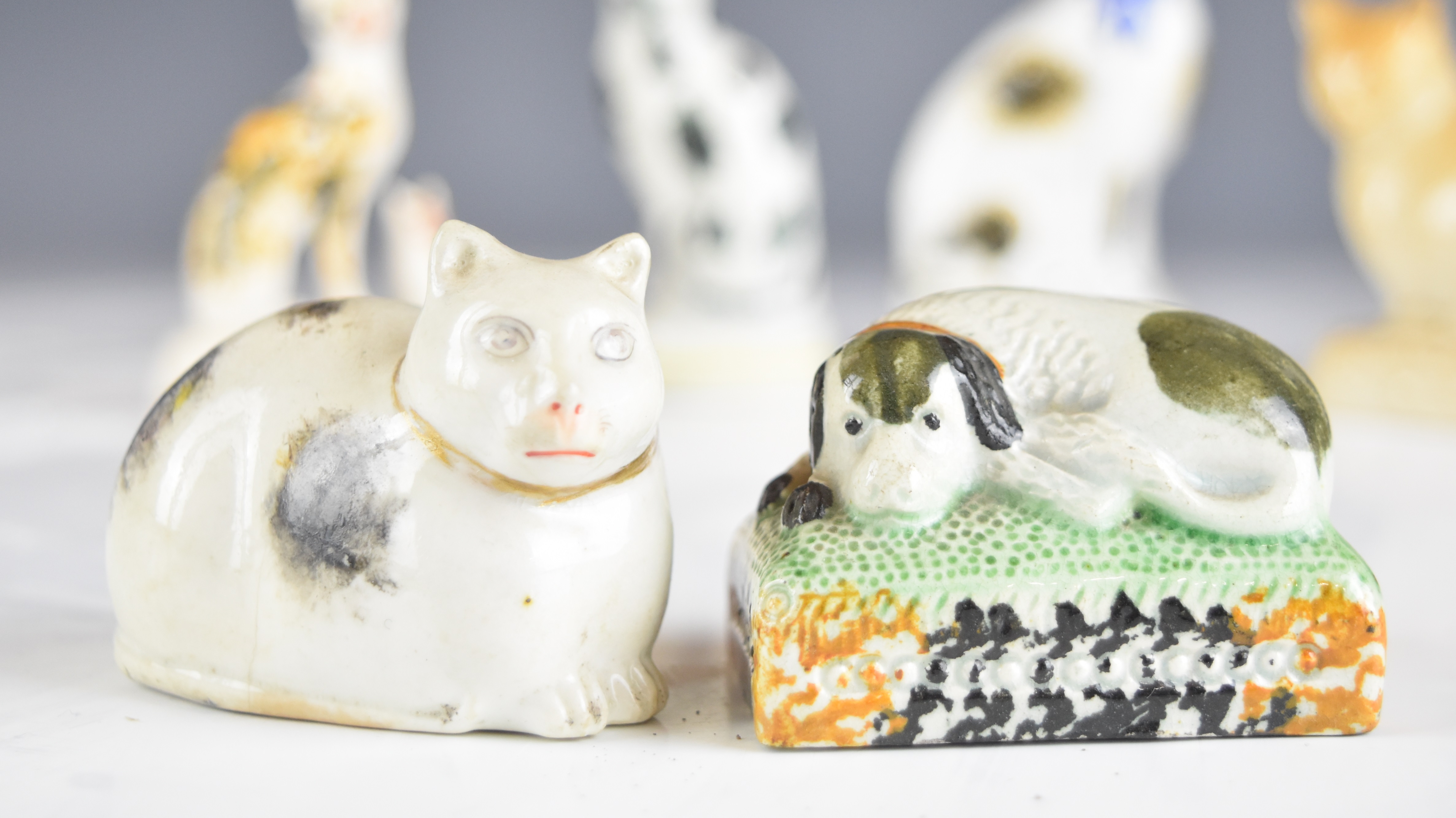 19thC miniature Staffordshire and salt glazed stoneware cat and dog figures including a cat with - Image 6 of 8