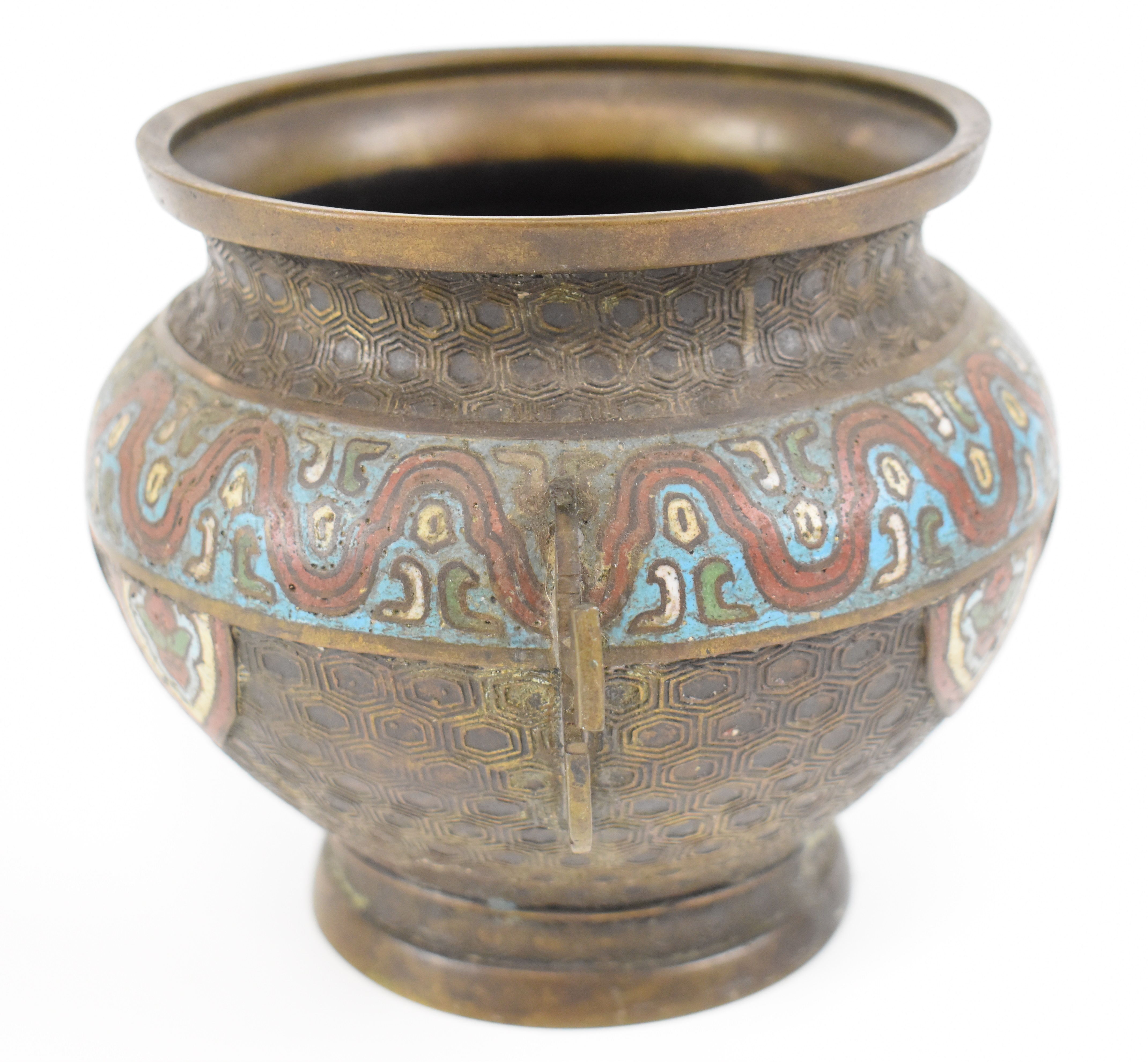 19thC Chinese cloisonné  twin handled pedestal censer / jardiniere, height 13.5cm x diameter 15cm - Image 4 of 6