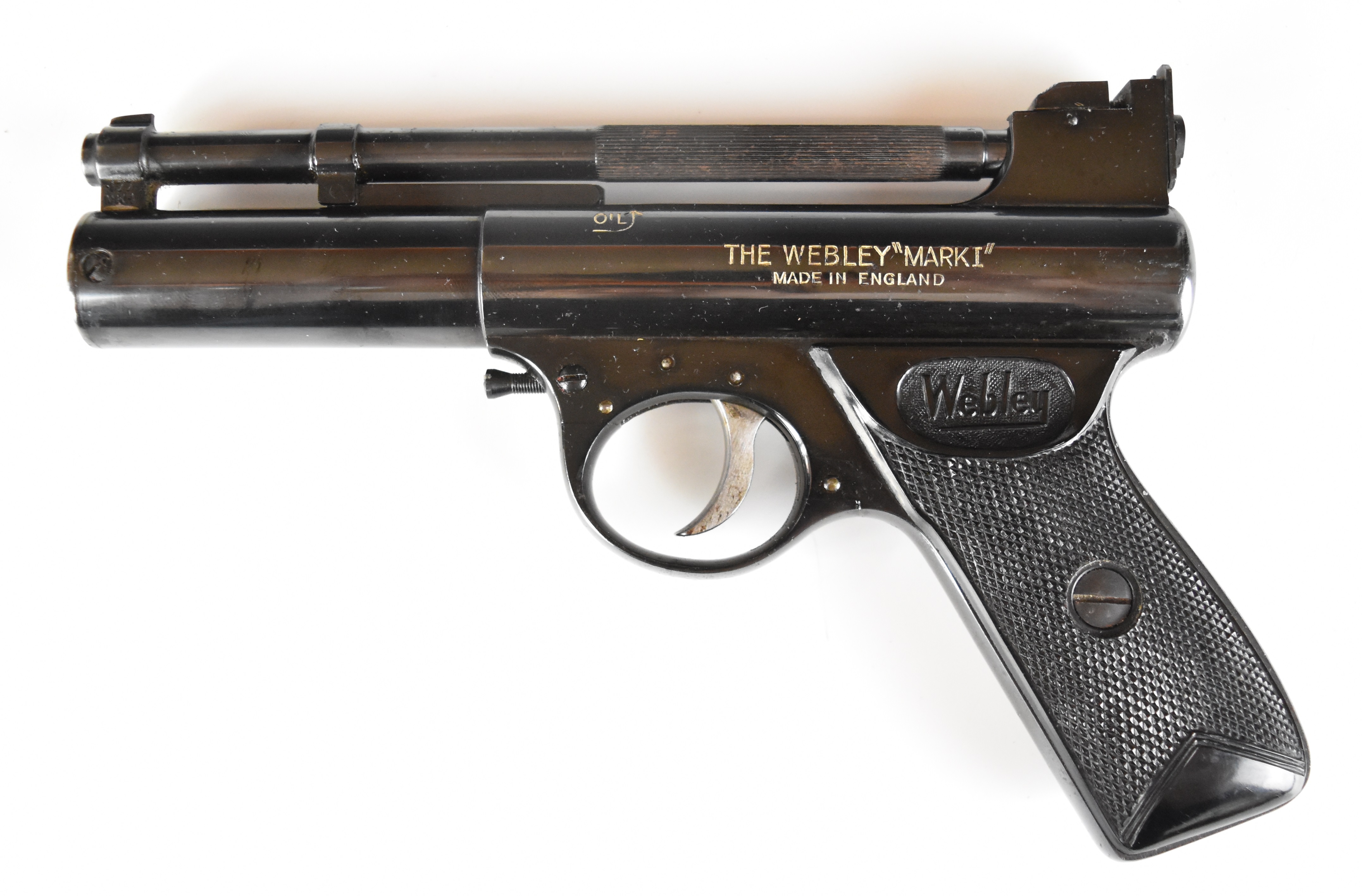 Webley Mark 1 .177 air pistol with named and chequered grips and adjustable sights and trigger, - Image 3 of 15