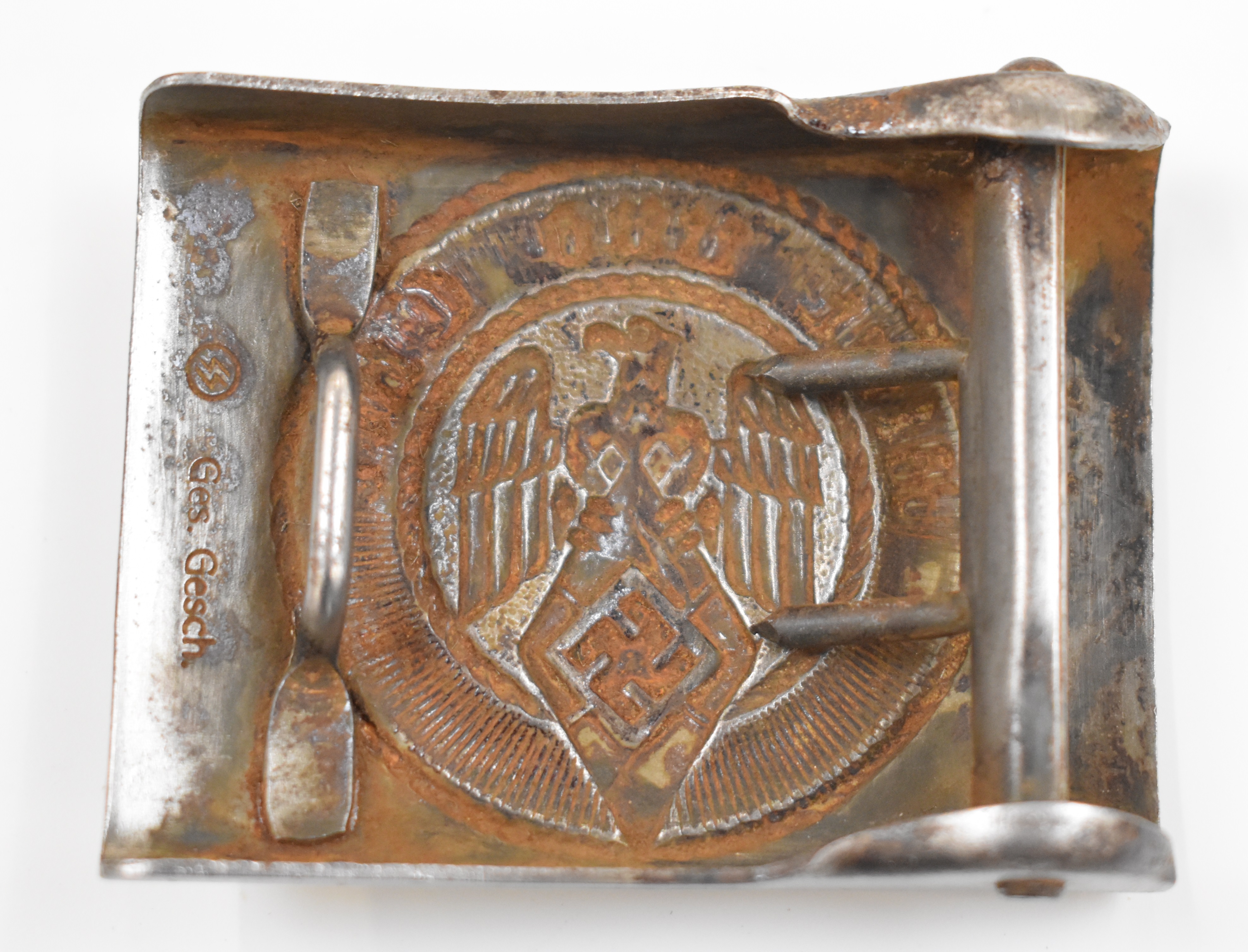 German WW2 Nazi Third Reich Hitler Youth belt buckle with Ges Gesch and maker's mark to reverse - Image 2 of 2