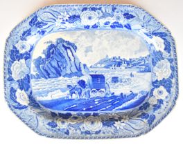 19thC blue and white transfer printed meat platter with decoration of Monks Rock, Tenby, probably