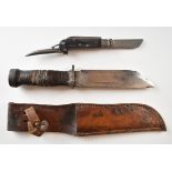 Hunting knife with leather grip, 15.5cm single edged blade and leather sheath, together with