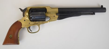 Remington style replica six-shot single action revolver with brass frame, wooden grips and 8 inch