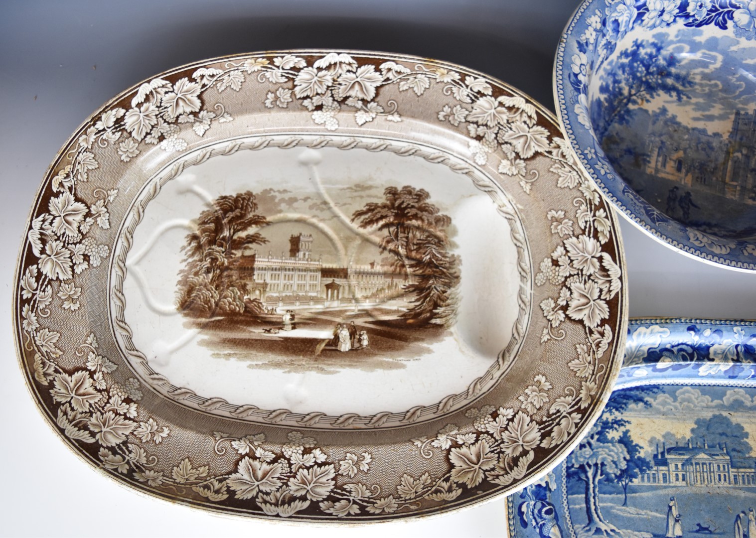 19thC transfer printed sepia meat platter the well decorated with Trentham Hall scene and a - Image 12 of 16