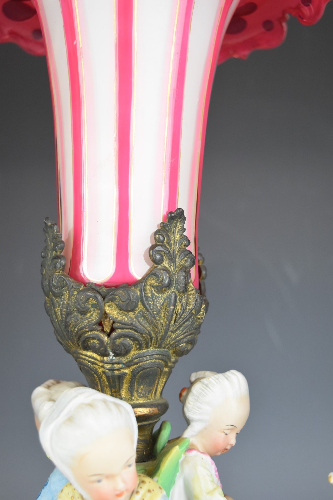 19thC German figural porcelain centrepiece with overlaid, cut and gilded flared glass insert, - Image 5 of 20