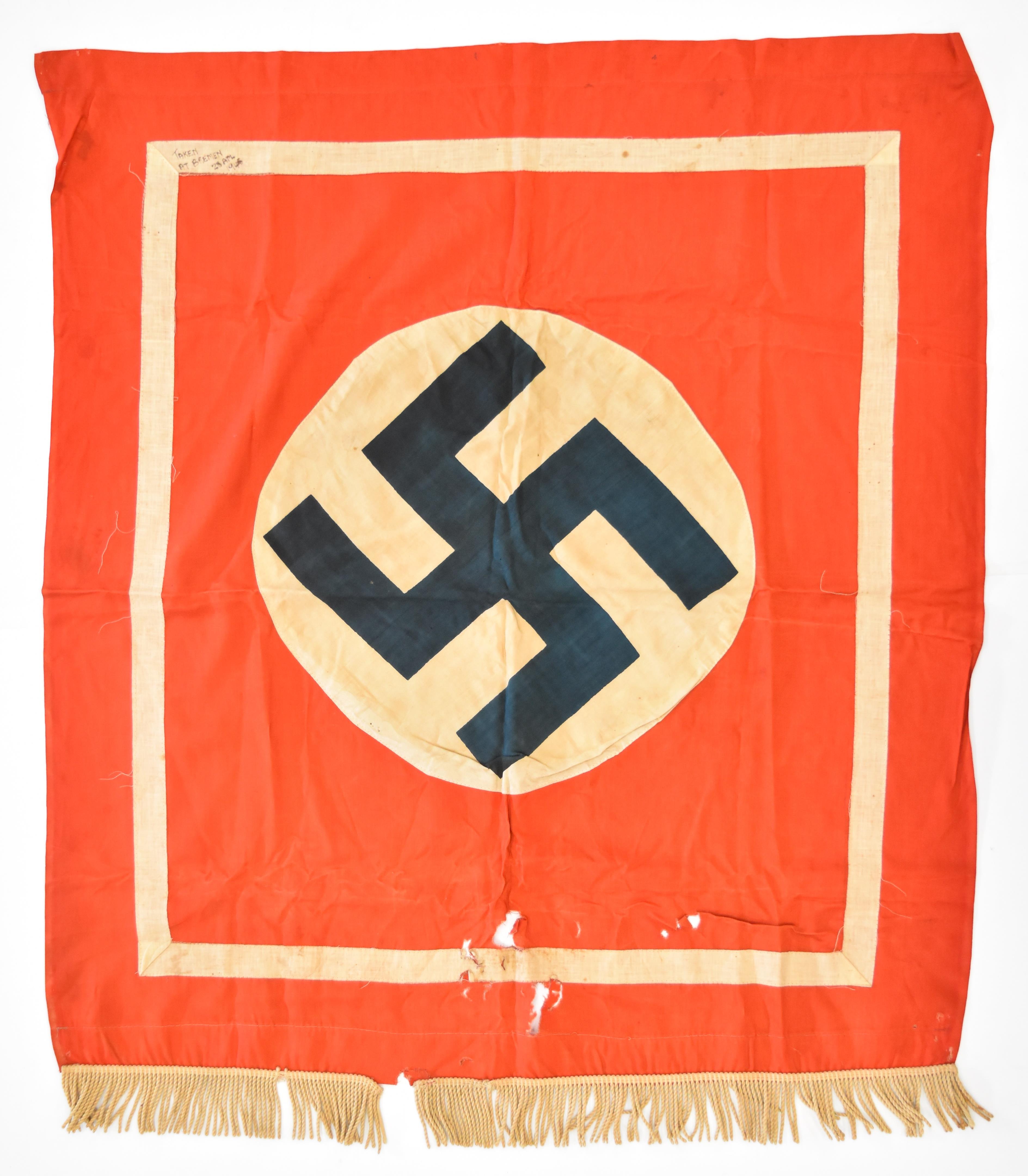 German WW2 Nazi Third Reich flag with large stitched swastika to centre and tassels to bottom